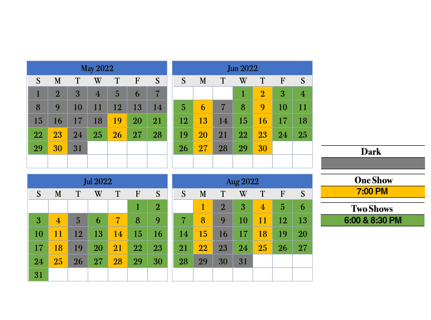 Performance calendar for Presto! at The Magic Parlor.